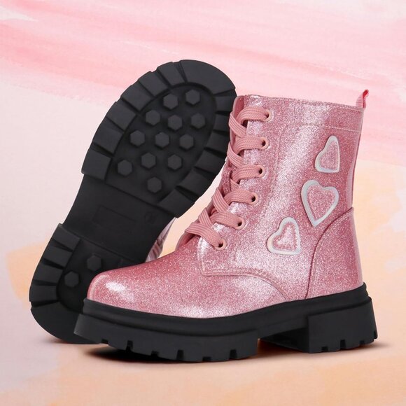 Girl's Pink Fashion Shiny Rubber Combat Kids Slip-on Lightweight Ankle Boots - Picture 5 of 7